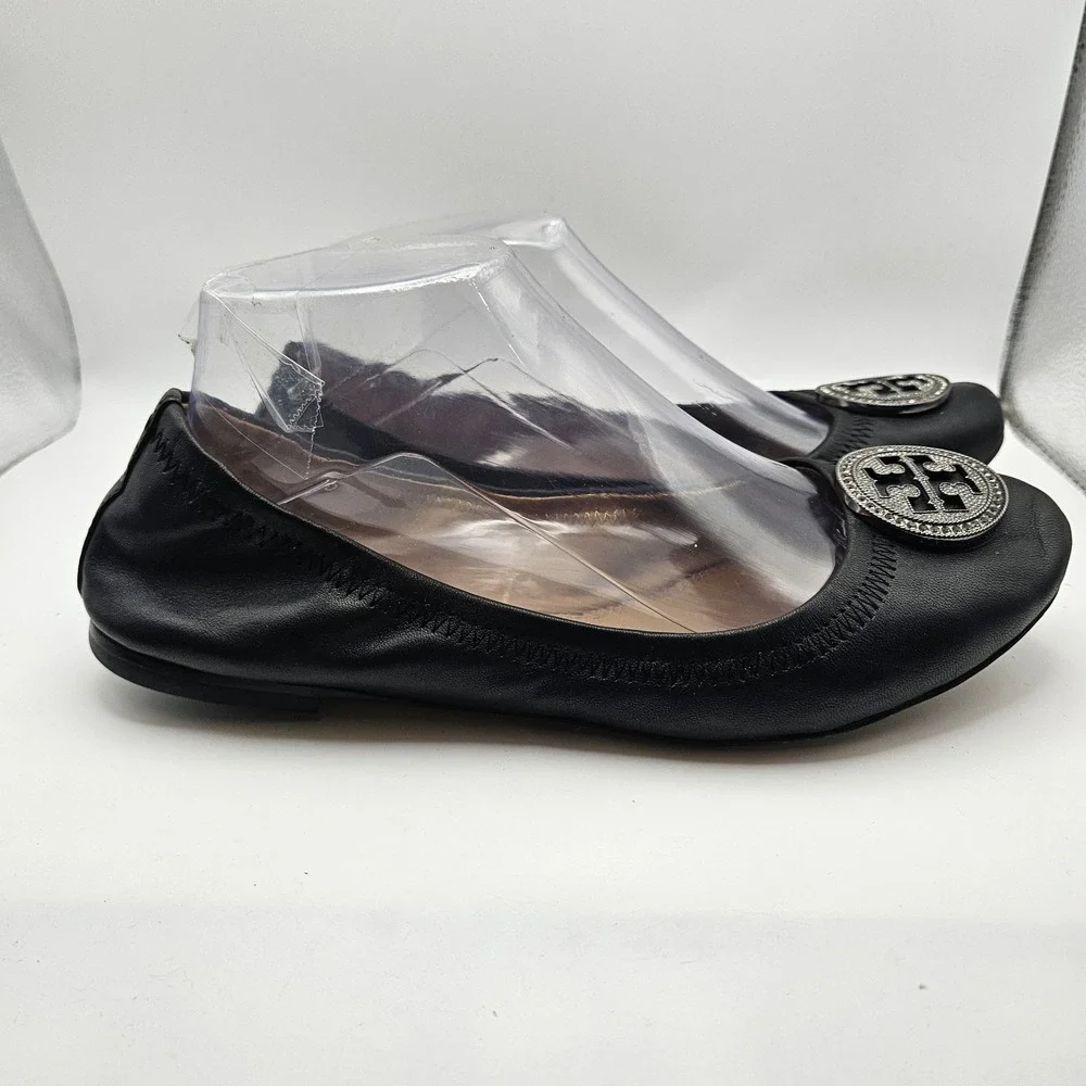 Tory Burch Liana Black Leather Ballet Flats Logo Quiet Luxury Old Money Sz 8.5M